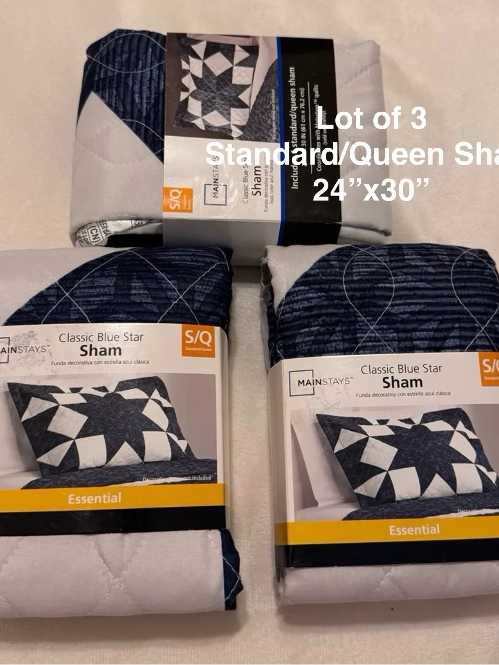 Mainstays Classic Blue Star Quilt Sham, Standard/Queen, 1 pack, Lot of 3